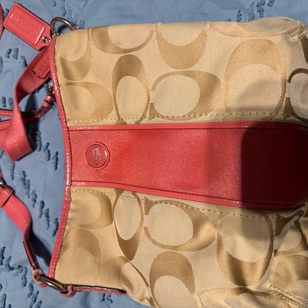 Coach Signature Tan and Red Shoulder Bag